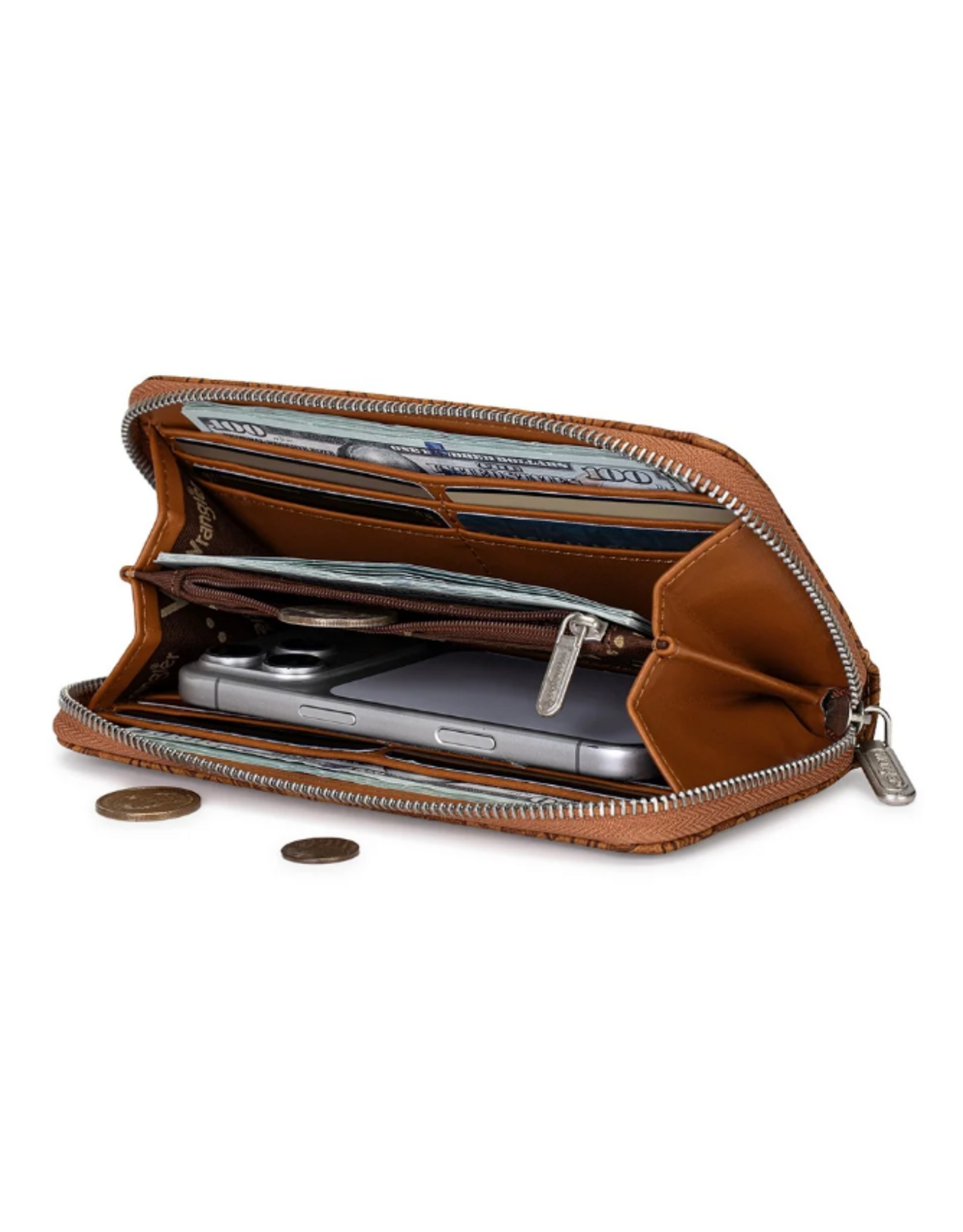 WRISTLET WALLET FLORAL TOOLED RIFD BROWN