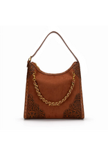 PURSE HOBO BAG TOOLED LEATHER BROWN GOLD CHAIN