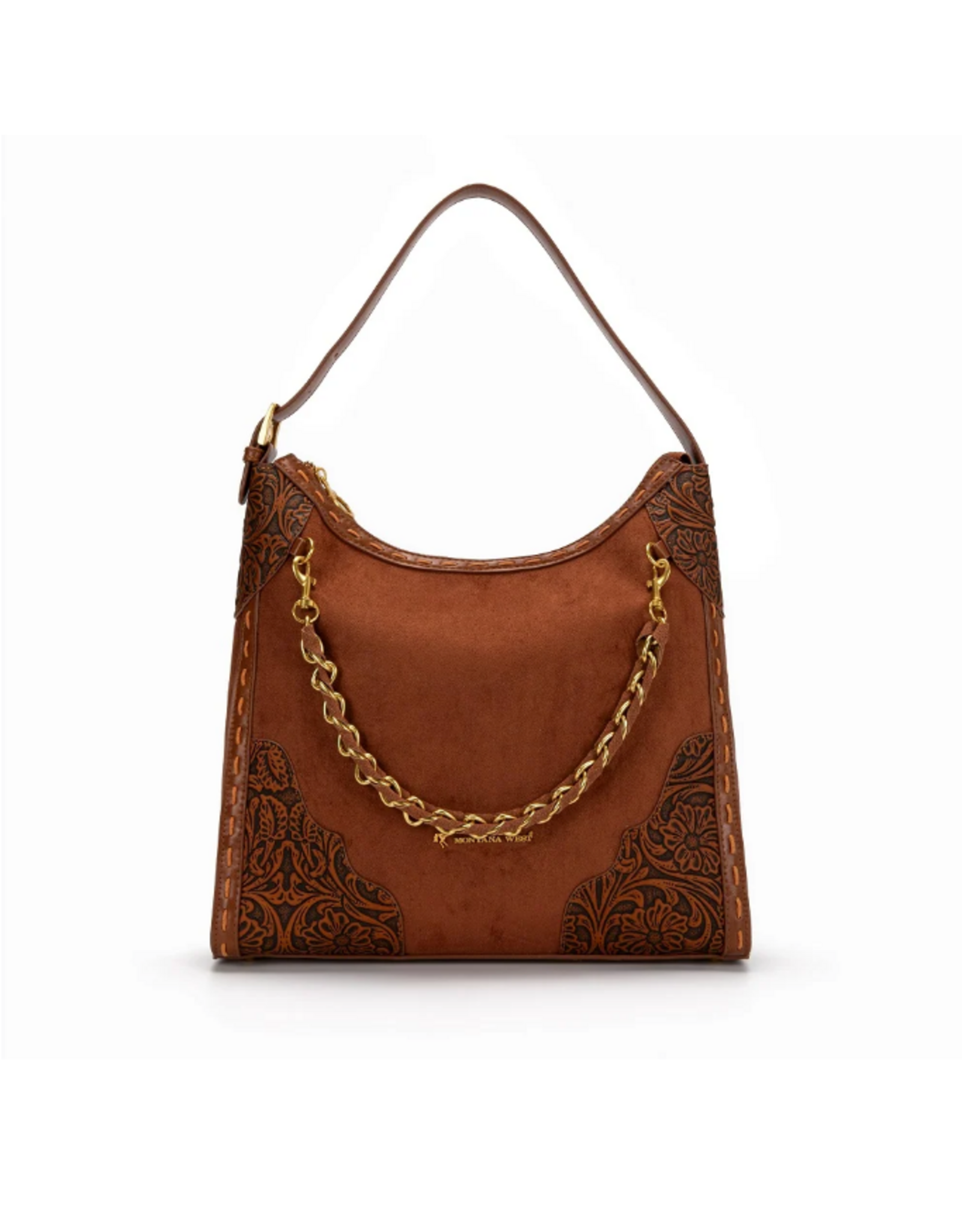 PURSE HOBO BAG TOOLED LEATHER BROWN GOLD CHAIN