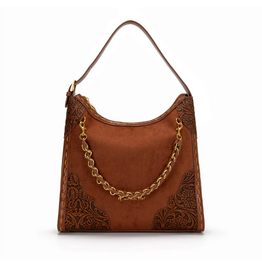 PURSE HOBO BAG TOOLED LEATHER BROWN GOLD CHAIN