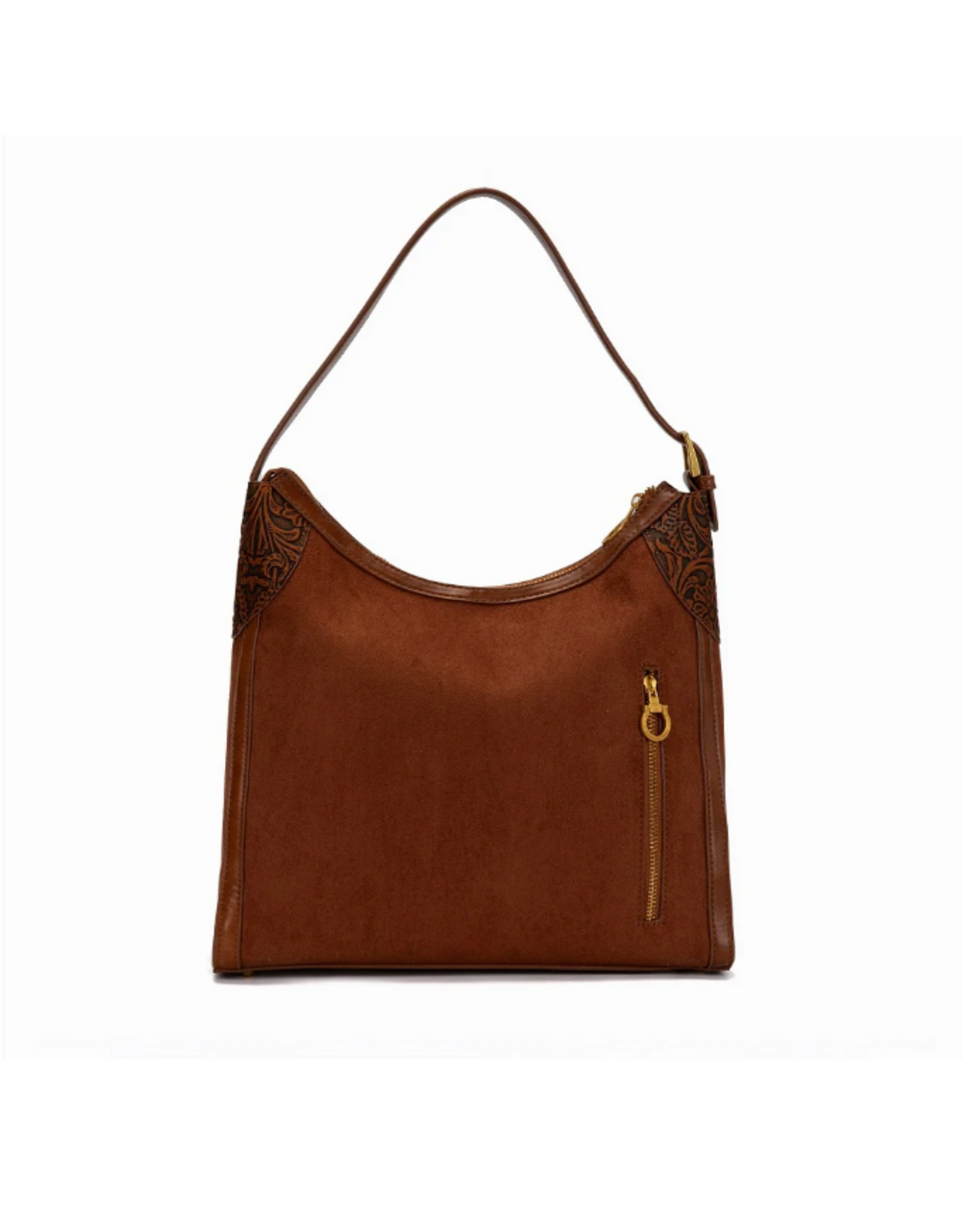 PURSE HOBO BAG TOOLED LEATHER BROWN GOLD CHAIN
