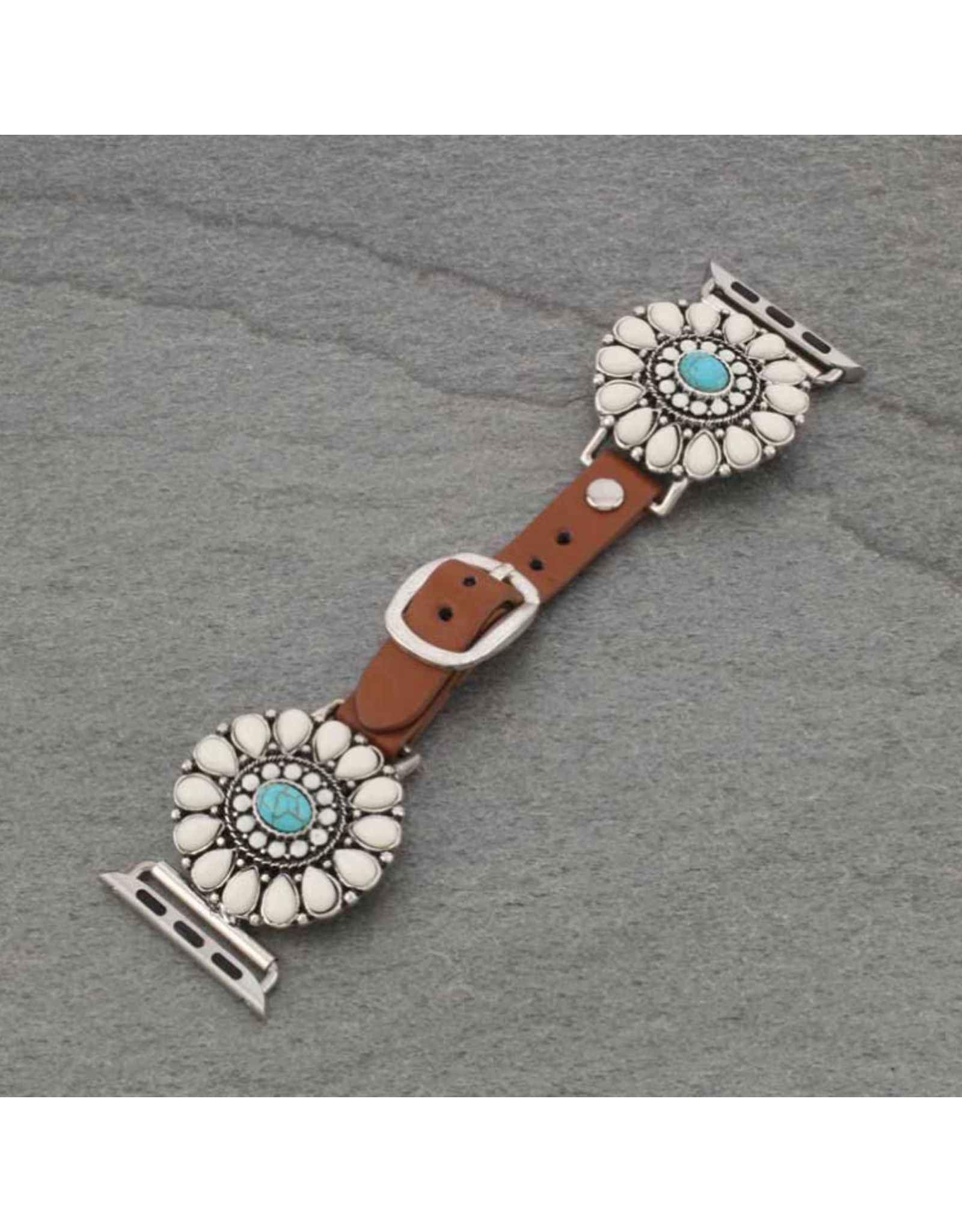 APPLE WATCH BAND LEATHER WHITE TURQ CONCHOS