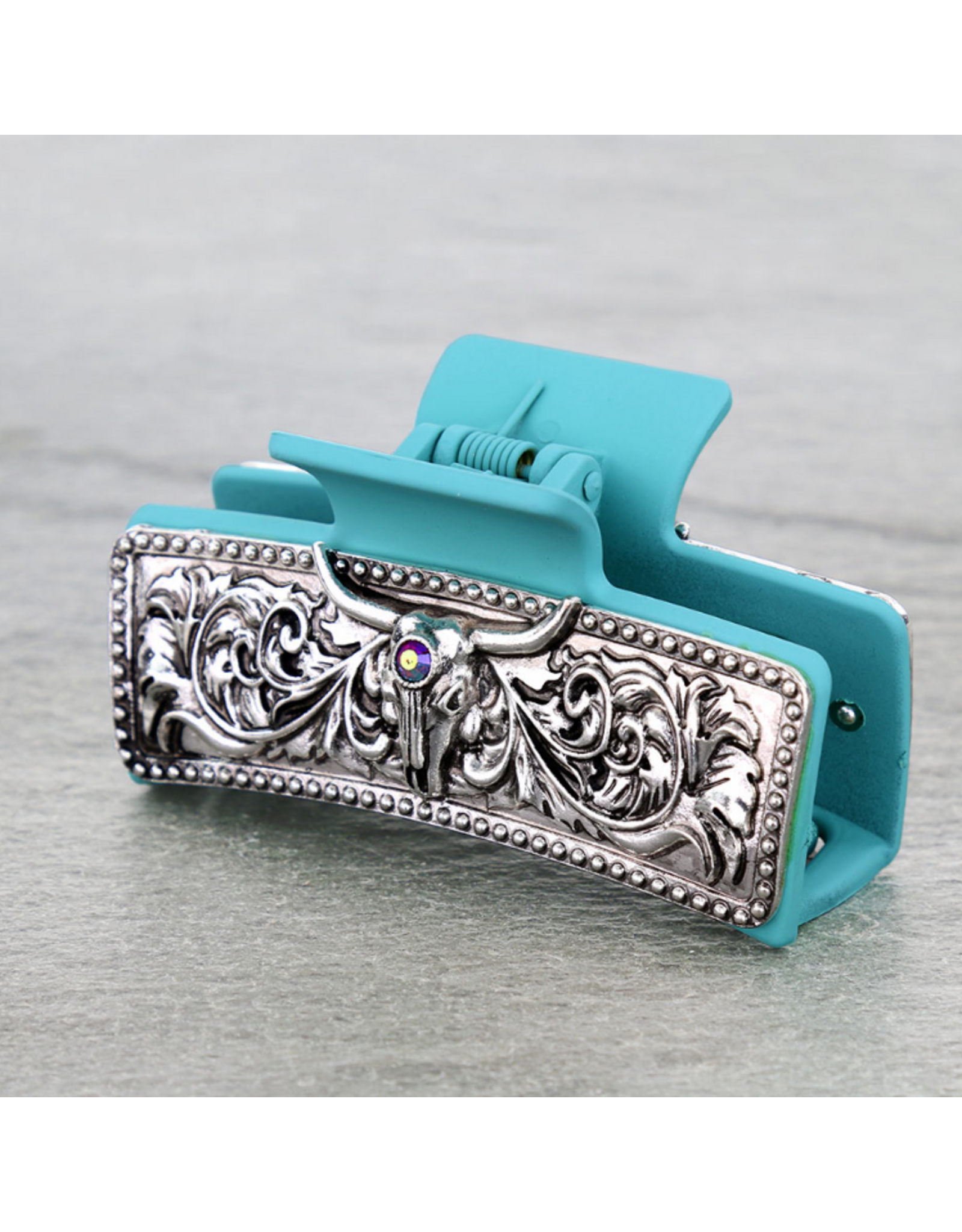 CLAW CLIP TURQUOISE METAL PLATED STEER SKULL