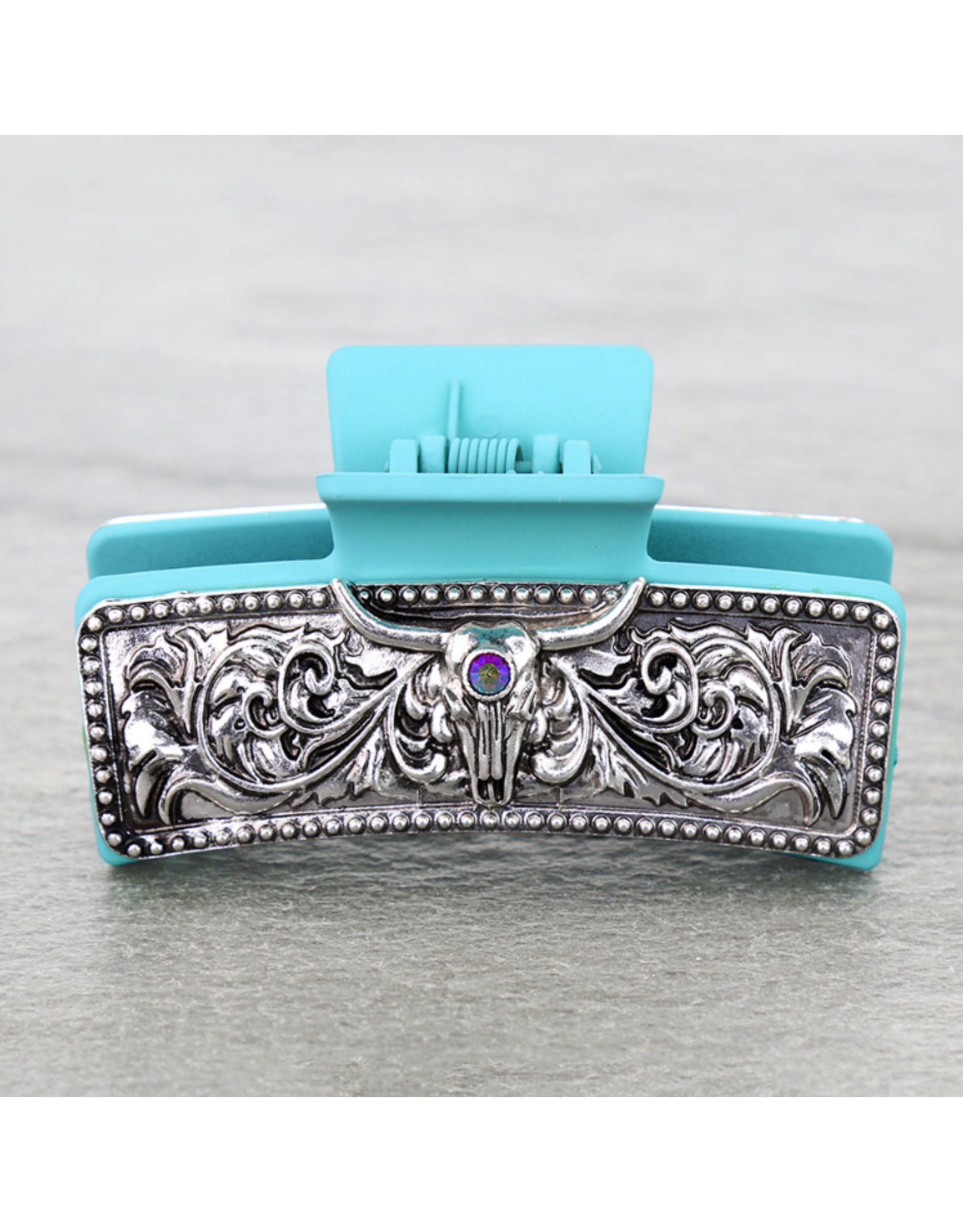 CLAW CLIP TURQUOISE METAL PLATED STEER SKULL