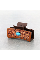 CLAW CLIP BROWN LEATHER TOOLED TURQ OVAL STONE