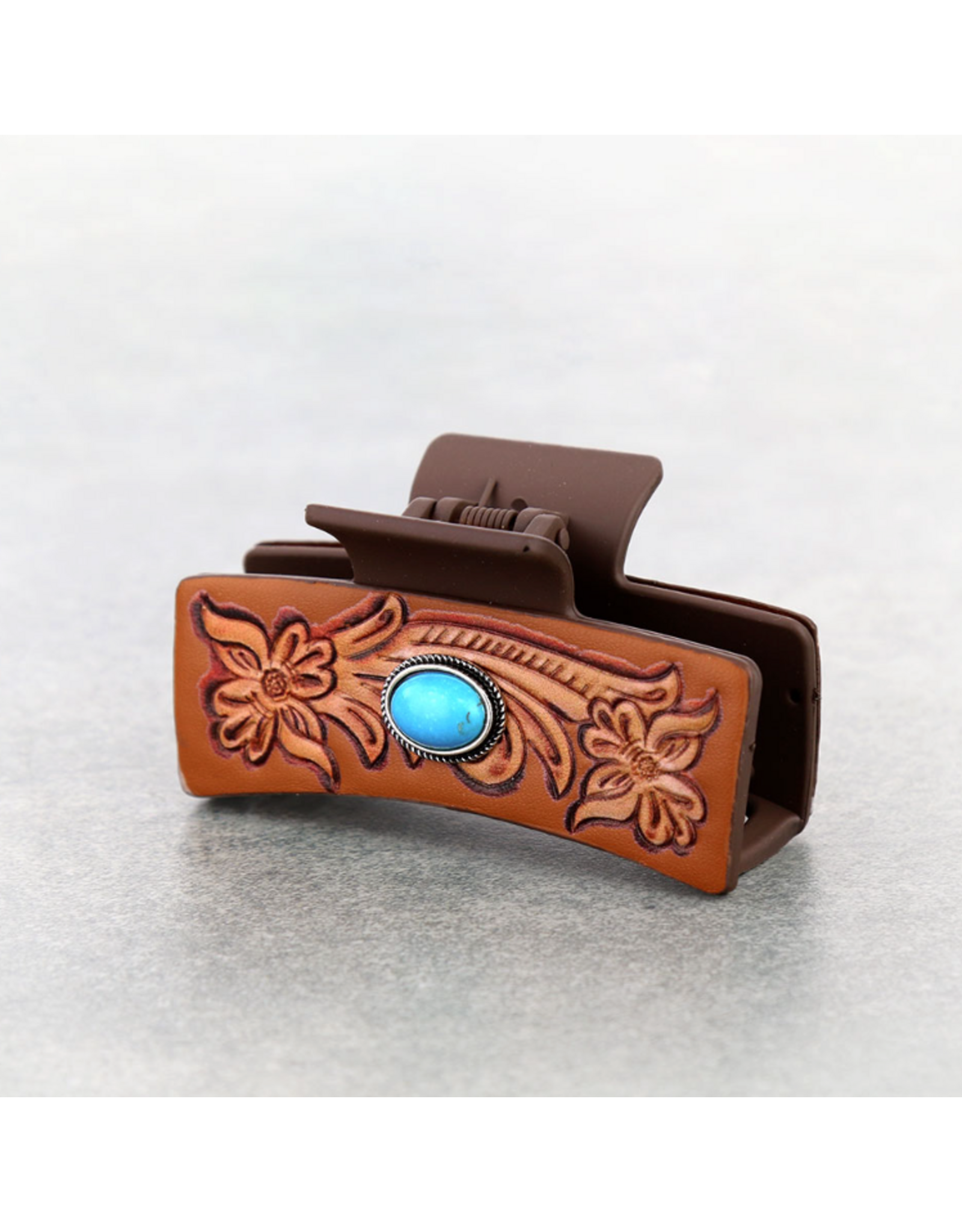 CLAW CLIP BROWN LEATHER TOOLED TURQ OVAL STONE