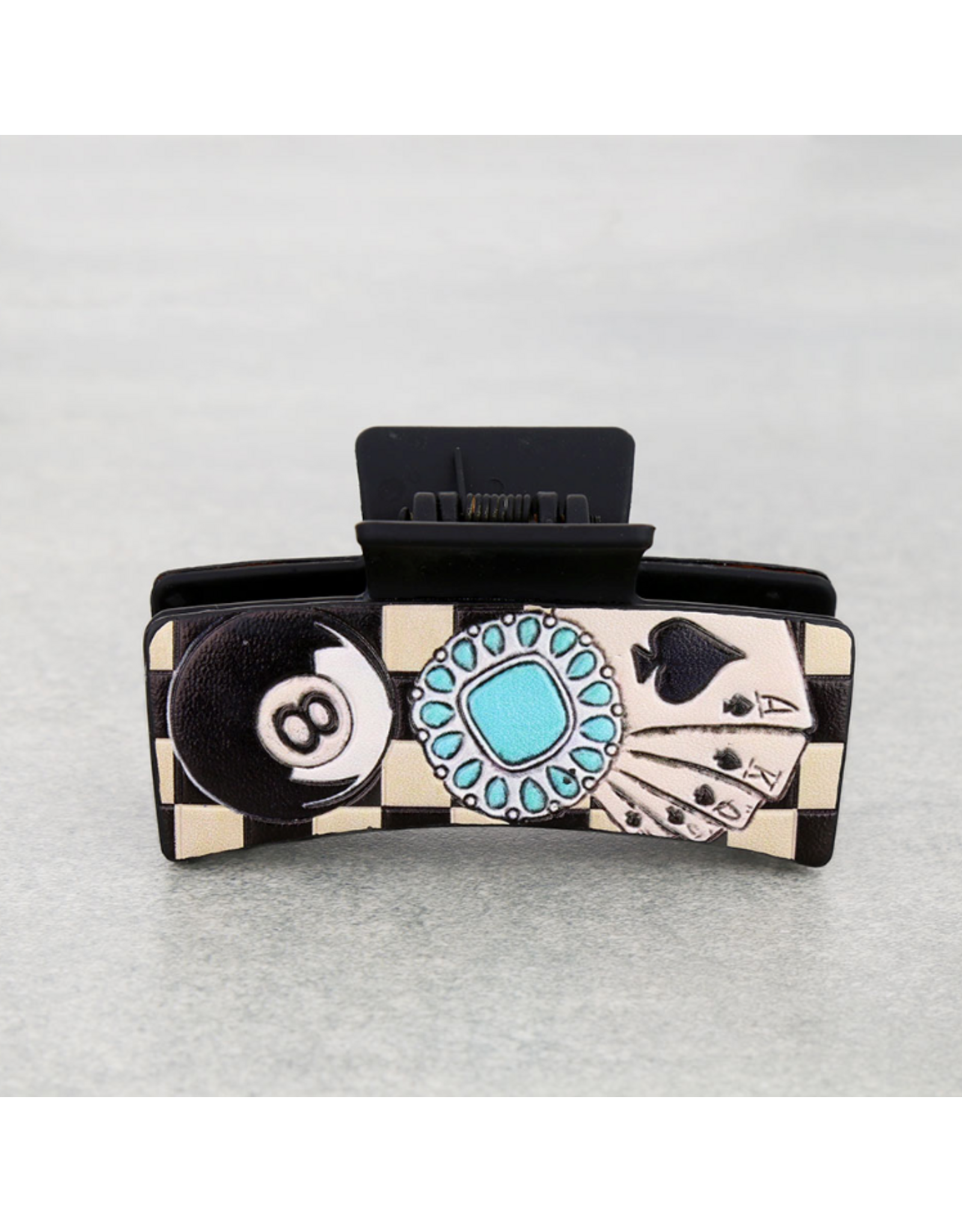 CLAW CLIP BLACK LEATHER WESTERN CHECKERED POKER & 8BALL