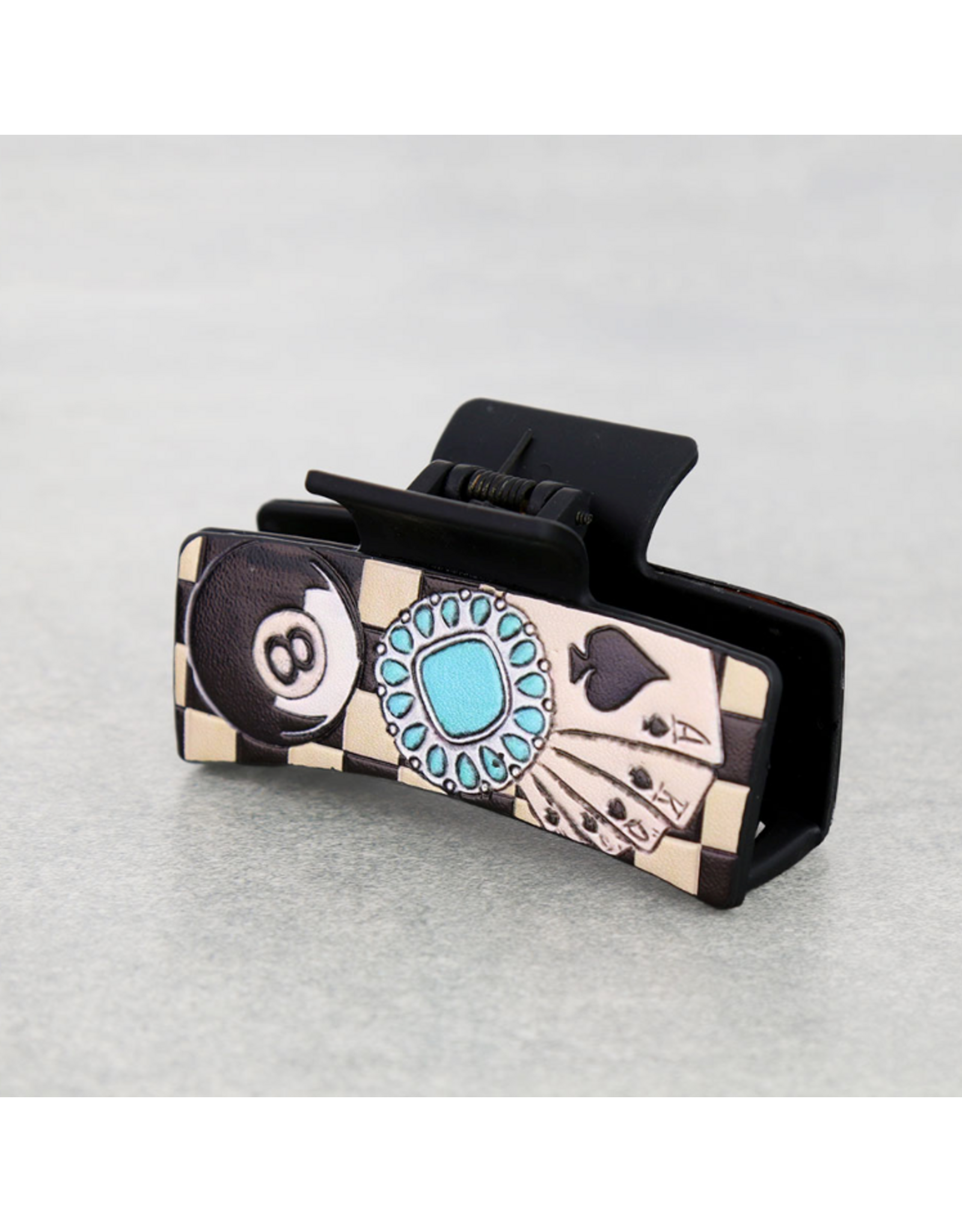 CLAW CLIP BLACK LEATHER WESTERN CHECKERED POKER & 8BALL