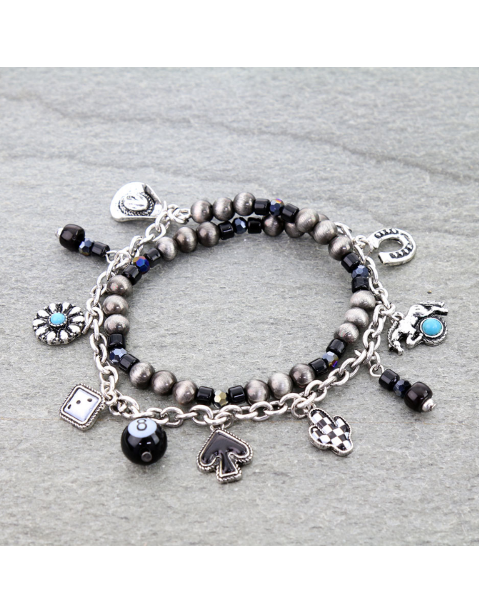 BRACELET NAVAJO PEARL AND BLACK BEAD WESTERN CHARMS STRETCH