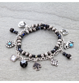 BRACELET NAVAJO PEARL AND BLACK BEAD WESTERN CHARMS STRETCH