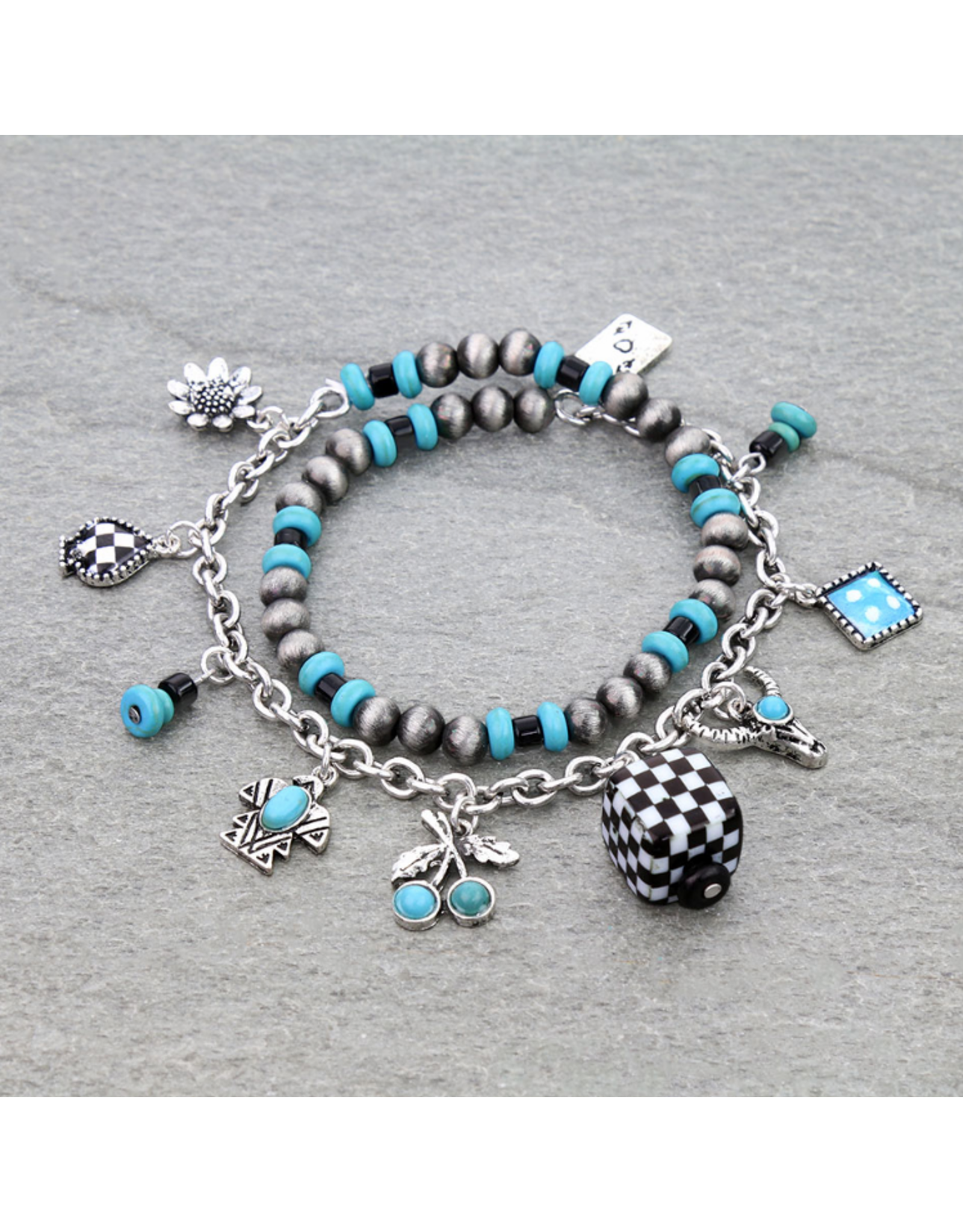 BRACELET NAVAJO PEARL & TURQUOISE BEADS WESTERN CHARMS STRETCH