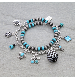 BRACELET NAVAJO PEARL & TURQUOISE BEADS WESTERN CHARMS STRETCH