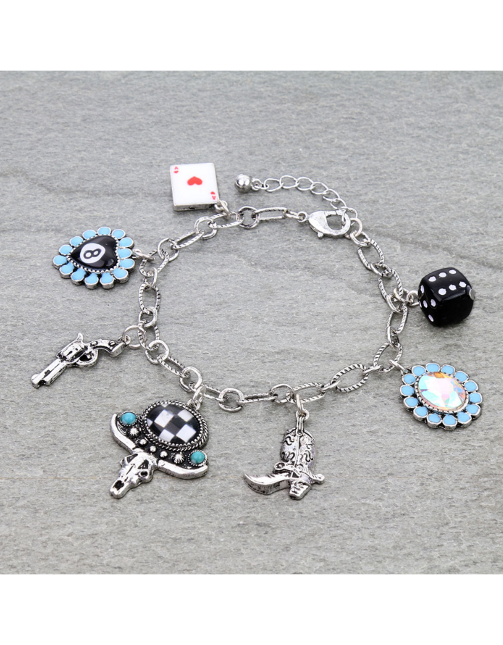 BRACELET WESTERN CHARMS 8 BALL, BOOT, CARD