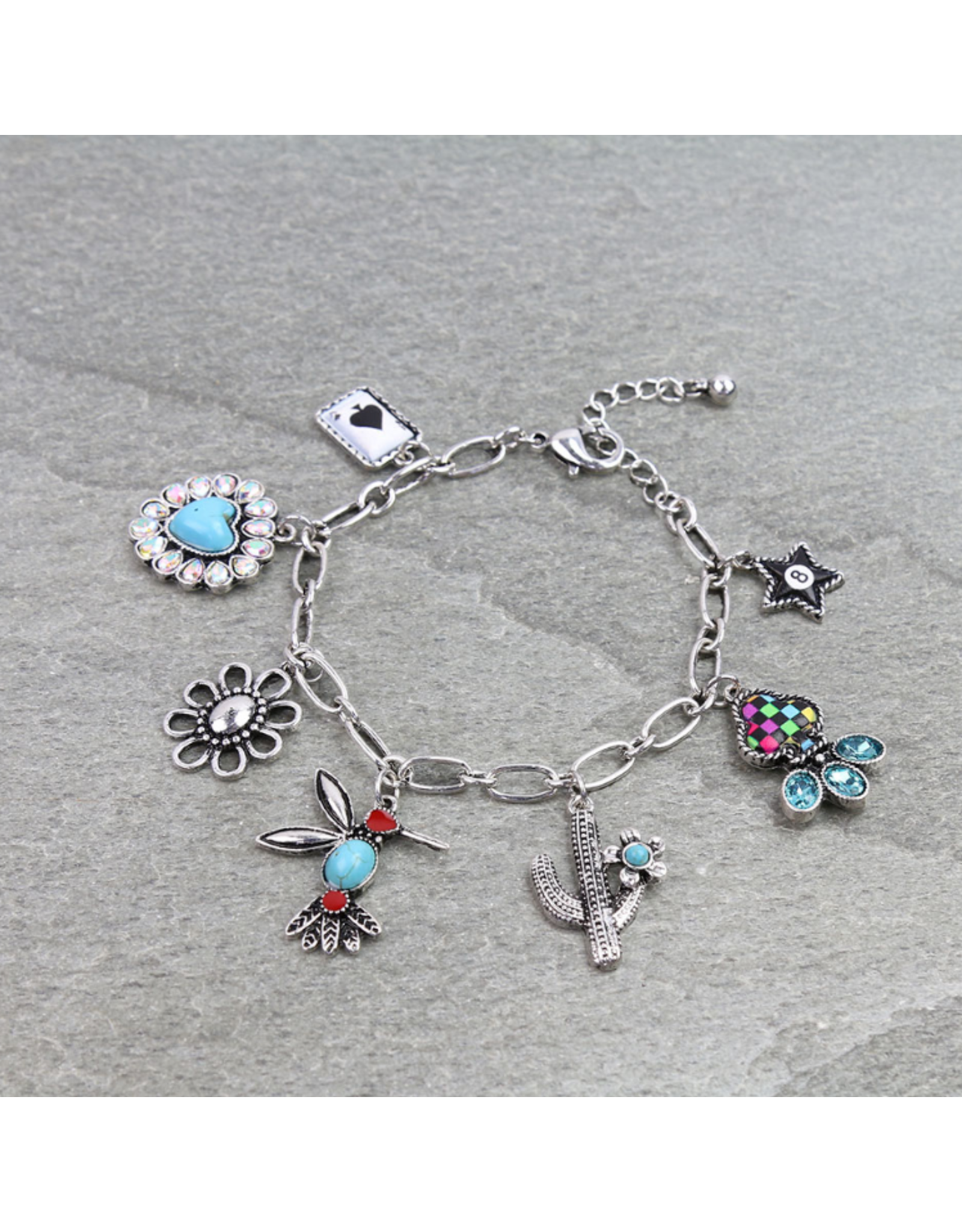 CHARM BRACELET WESTERN CHARMS HUMMING BIRD, CACTUS, CARD