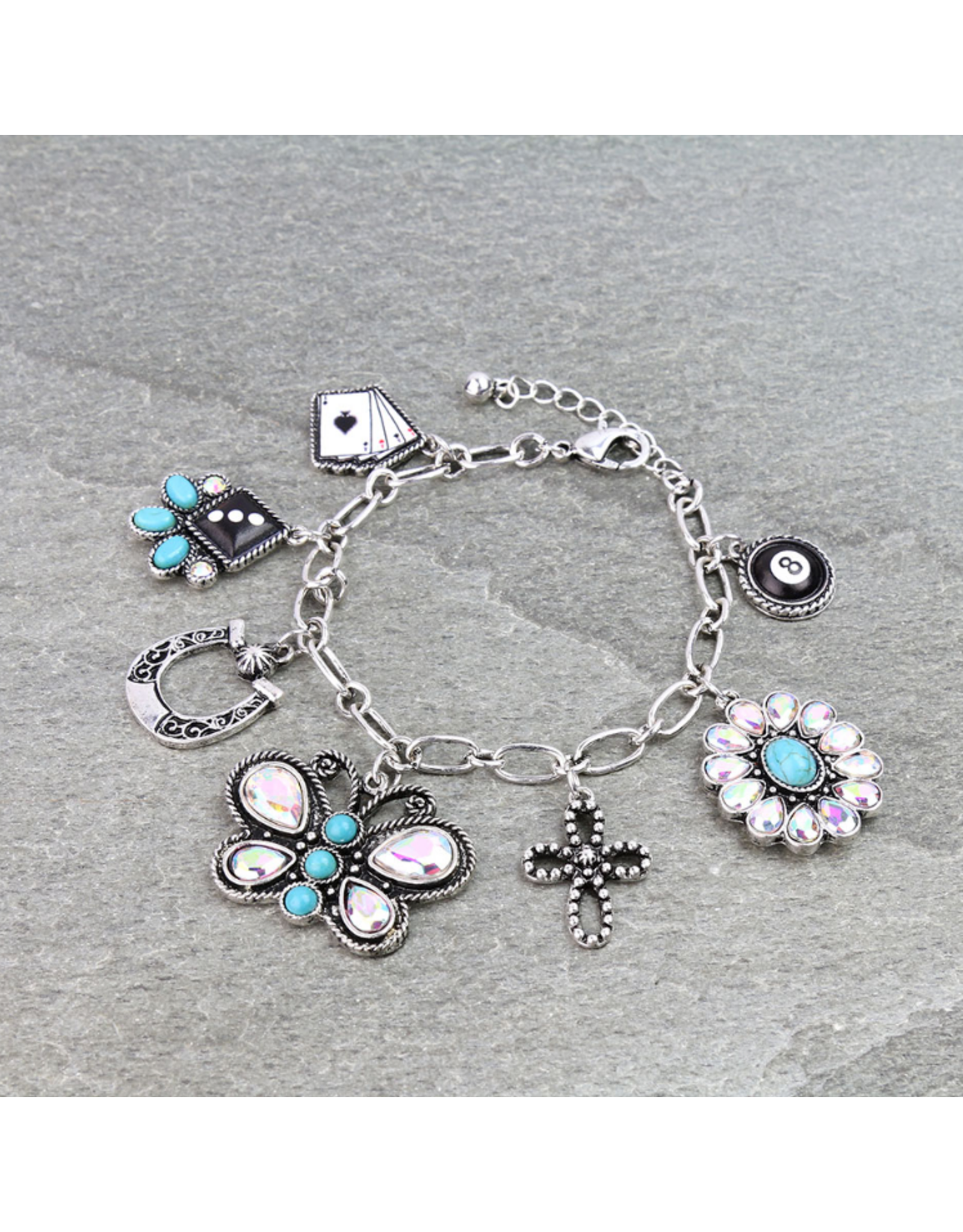 CHARM BRACELET WESTERN CHARMS CARS, BUTTERFLY, DICE