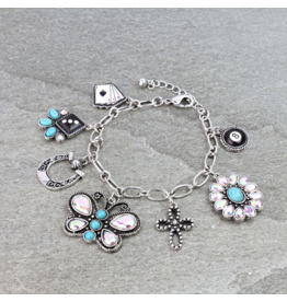 CHARM BRACELET WESTERN CHARMS CARS, BUTTERFLY, DICE