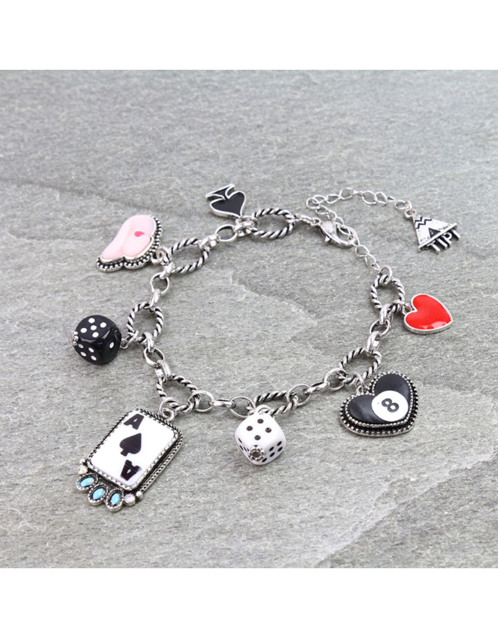 CHARM BRACELET WESTERN CHARMS DICE CARDS PINK HAT