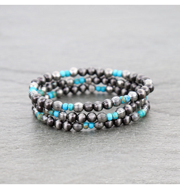 BRACELET NAVAJO PEARL & IRREGULAR BEADS STACK TURQ
