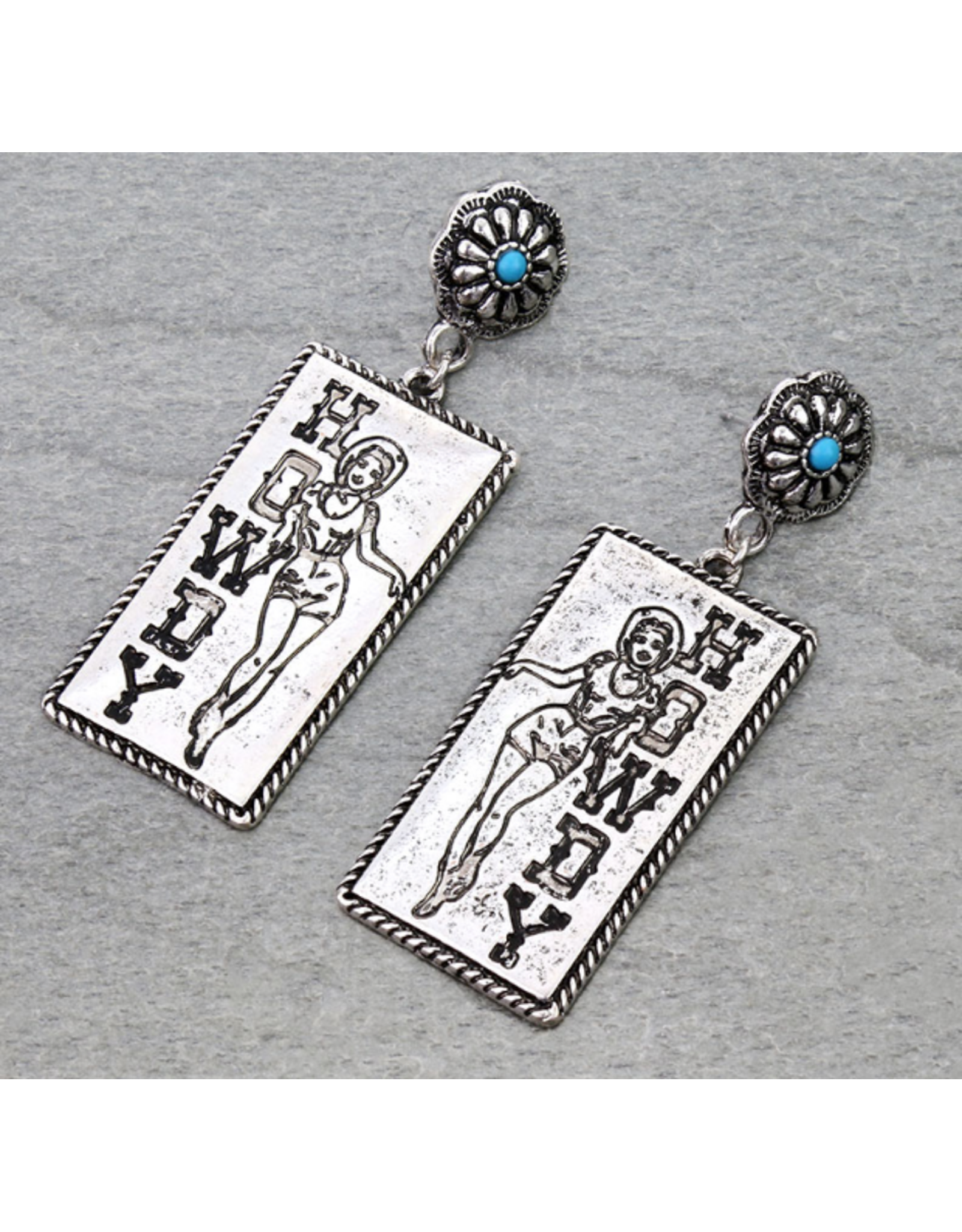 EARRING CONCHO STUD HOWDY ENGRAVED RECTANGLE COWGIRL