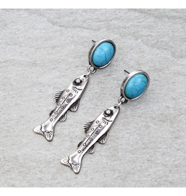 EARRING TURQUOISE CIRCLE POST FISH DANGLE SILVER