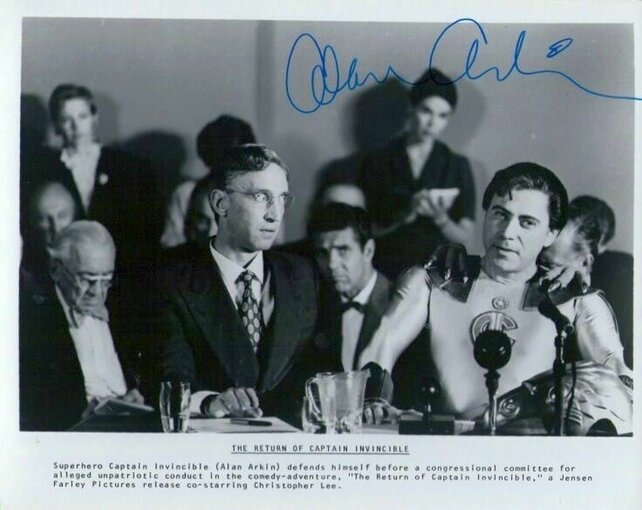ALAN ARKIN, IN THE CULT FILM THE REURN OF CAPTAIN INVINCIBLE SIGNED 8X10 PHOTO