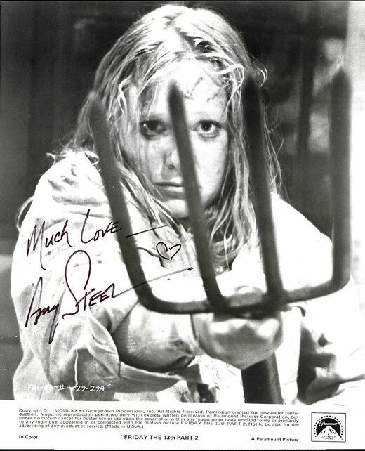 AMY STEEL DEADLY PITCHFORK FRIDAY THE 13TH PART 2, PARAMOUNT PROMO 8X10 W/COAAMY STEEL. HIIDING IN FRIDAY THE 13TH PART 2, PARAMOUNT PROMO PHOTO 8X10 WI/COA