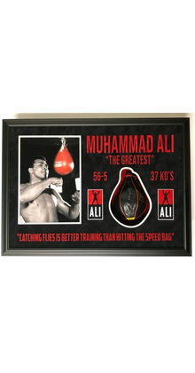 MUHAMMAD ALI  "THE GREATEST" FRAMED SIGNED SPEED BAG WITH PHOTO