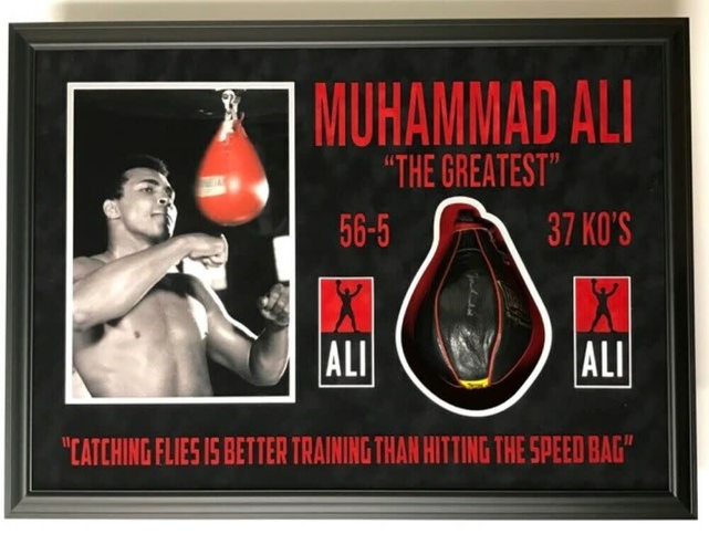 MUHAMMAD ALI  "THE GREATEST" FRAMED SIGNED SPEED BAG WITH PHOTO