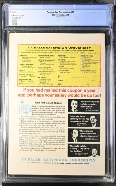 CONAN THE BARBARIAN #16 CGC 9.4 UK VARIANT THE ONLY UK ON CENSUS #4500807004