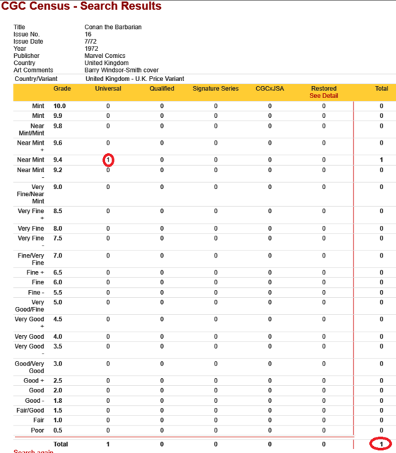 CONAN THE BARBARIAN #16 CGC 9.4 UK VARIANT THE ONLY UK ON CENSUS #4500807004