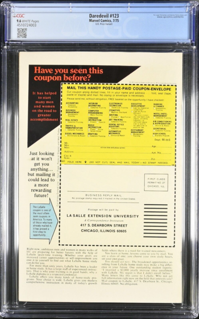 DAREDEVIL #123 CGC 9.6 W HIGHEST & ONLY UK VARIANT! #4510724003
