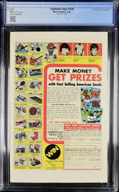 FANTASTIC FOUR #159 CGC 9.6 WHITE SINGLE HIGHEST UK VARIANT CCG #4510724010