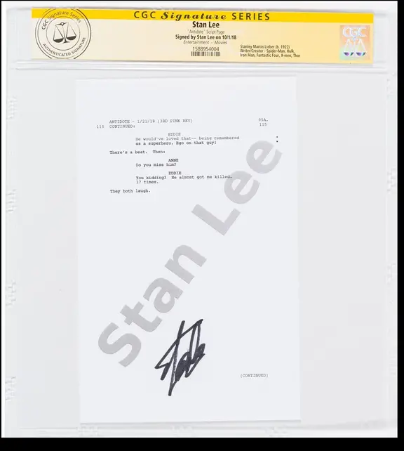 STAN LEE VENOM MOVIE "ANTIDOTE" SCRIPT PAGE SS STAN LEE SIGNED CGC # 158895004