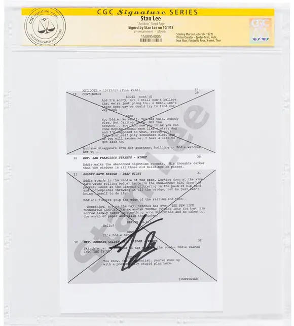 STAN LEE VENOM MOVIE "ANTIDOTE" SCRIPT PAGE SS STAN LEE SIGNED CGC # 15888954005
