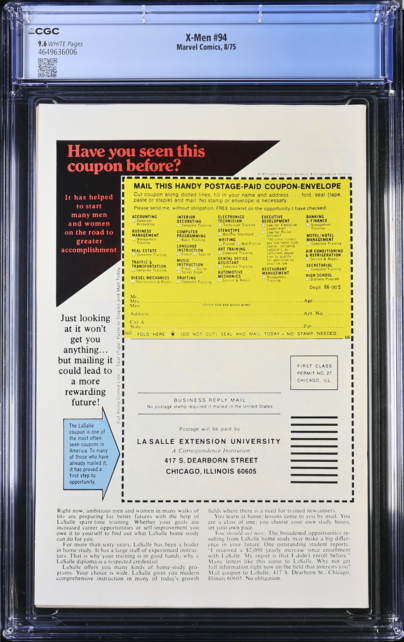 X-MEN #94 CGC 9.6 WHITE PAGES! BRONZE AGE GRAIL CGC #4649636006