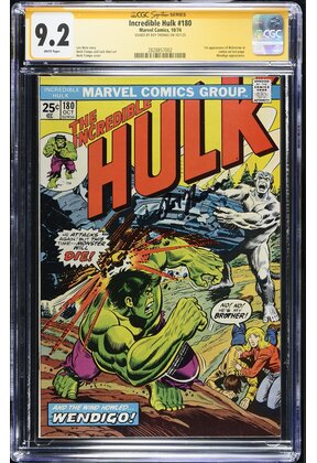 SOLD HULK #180 CGC 9.2 WHITE SS ROY THOMAS WOLVERINE'S CO-CREATOR CGC #2828857002