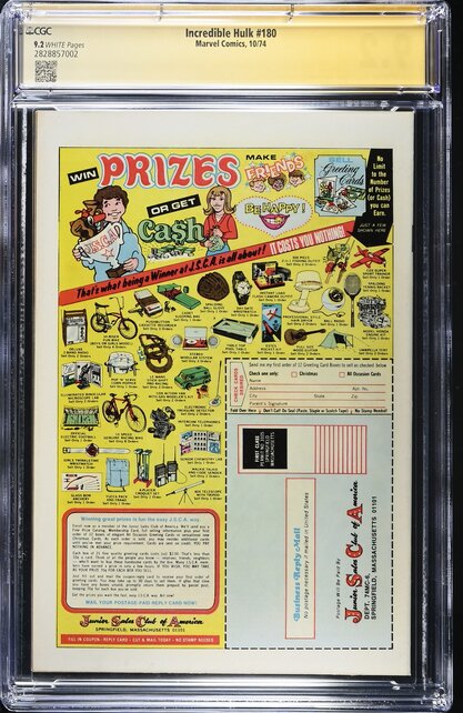 HULK #180 CGC 9.2 WHITE SS ROY THOMAS WOLVERINE'S CO-CREATOR CGC #2828857002