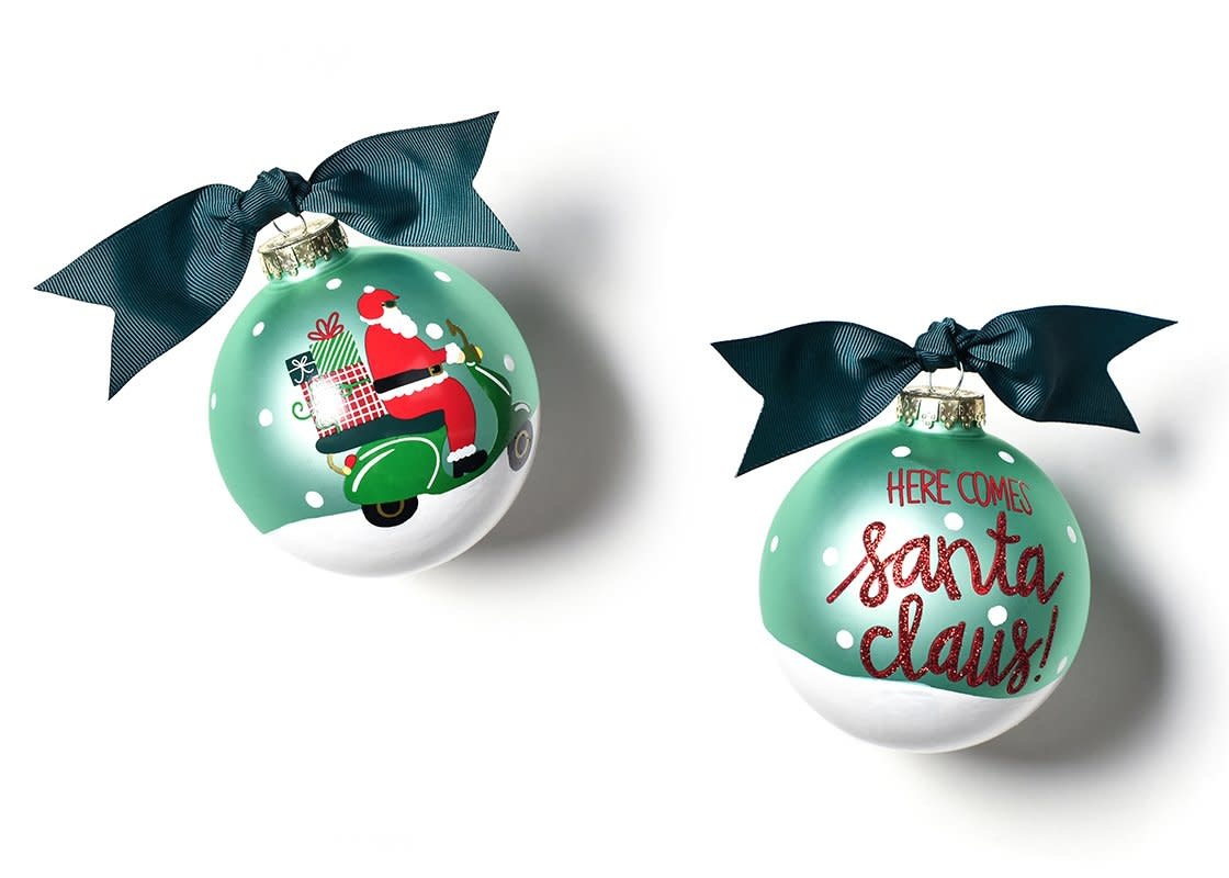 Here Comes Santa Claus Scooter Glass Ornament