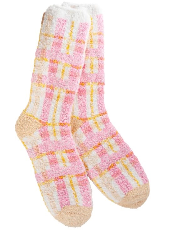 Mother's Day Cozy Crew Socks Pink Multi Plaid