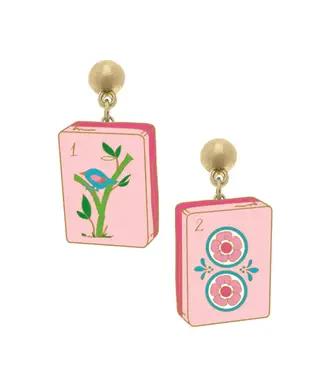 Mahjong Tile Enamel Earrings in Light Pink