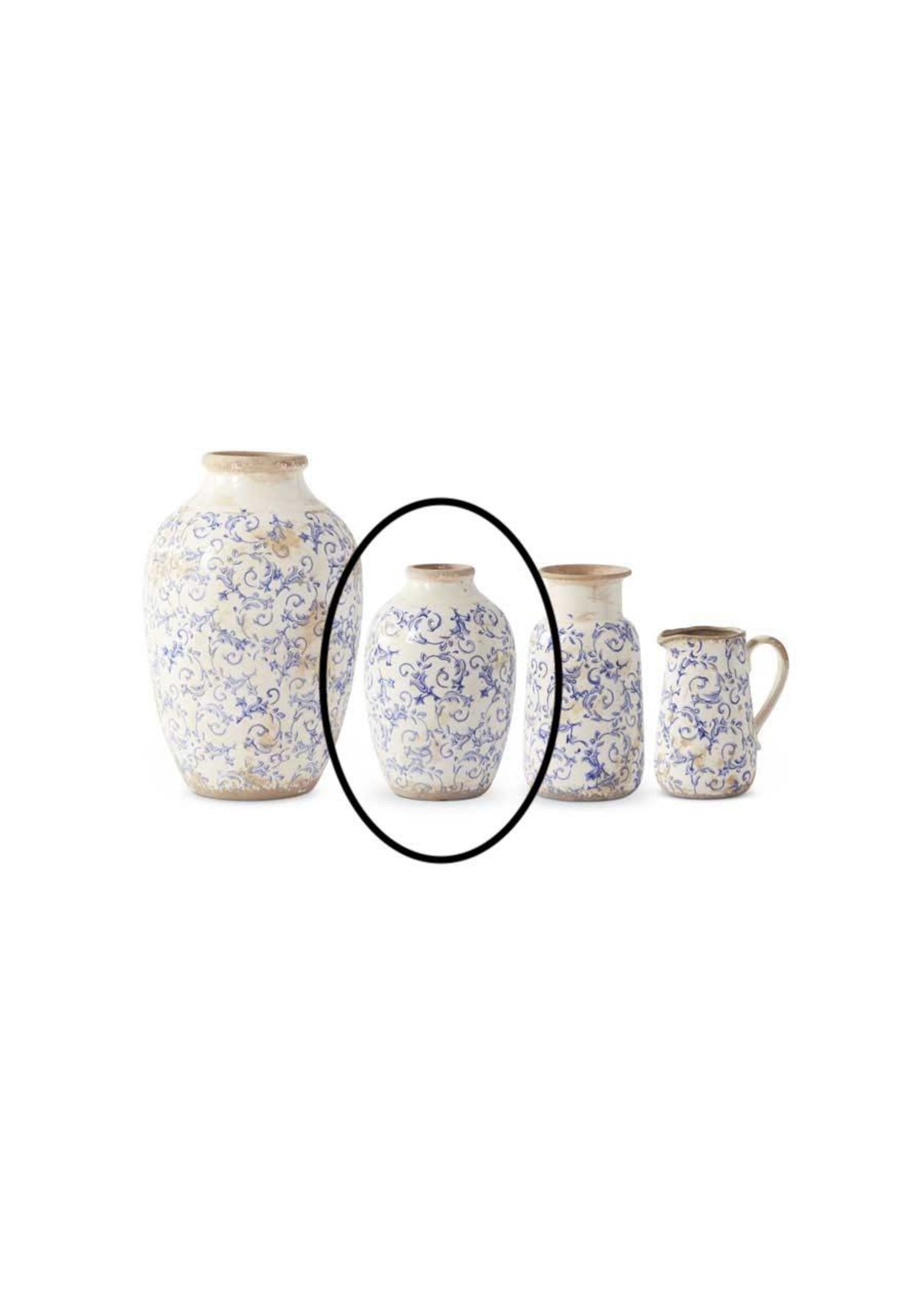 K & K Interiors 10" Vintage Blue & White Ceramic Vase