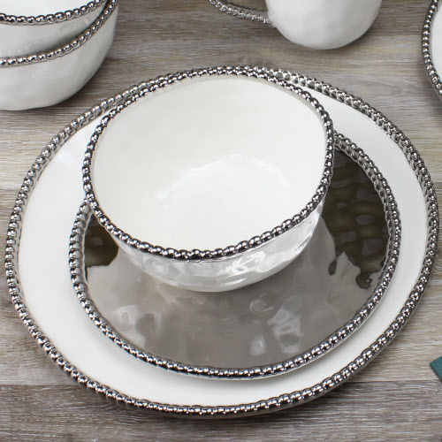 Pampa Bay Round Ceramic Salad Plate - White Porcelain With Silver Bead Trim