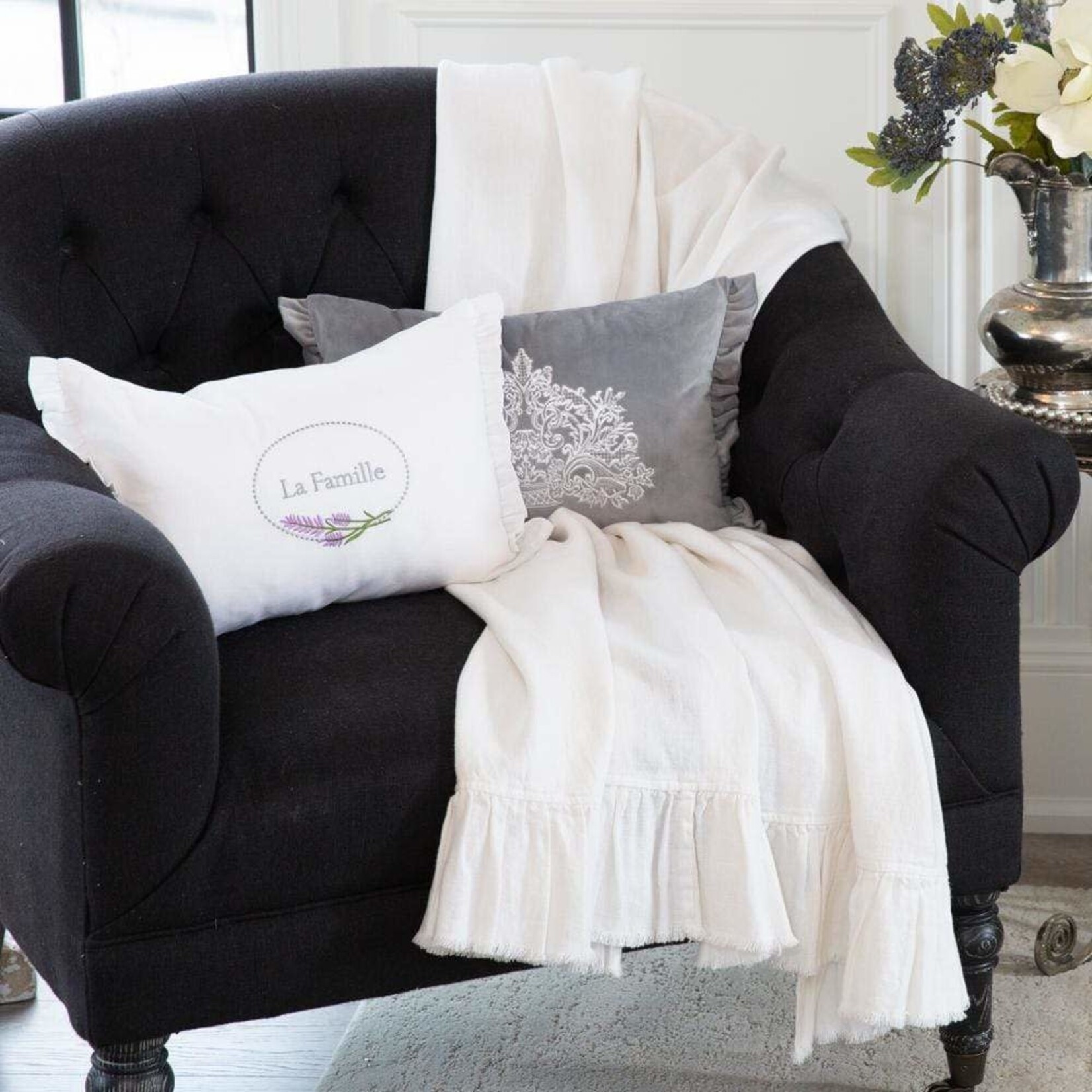 Crown Linen Designs Off White Ruffle and Fringe Throw
