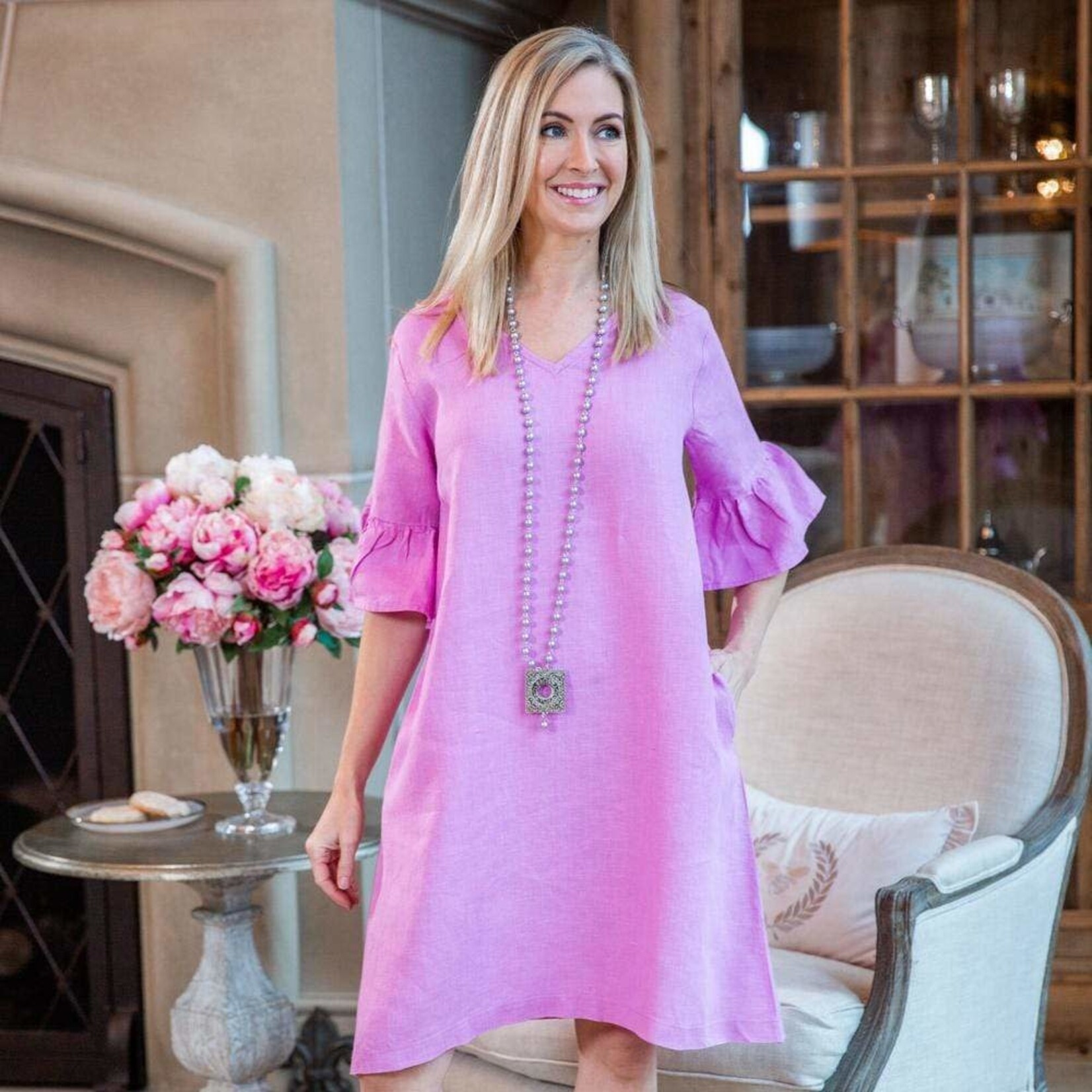 Crown Linen Designs Bethany Dress Rose Pink / L