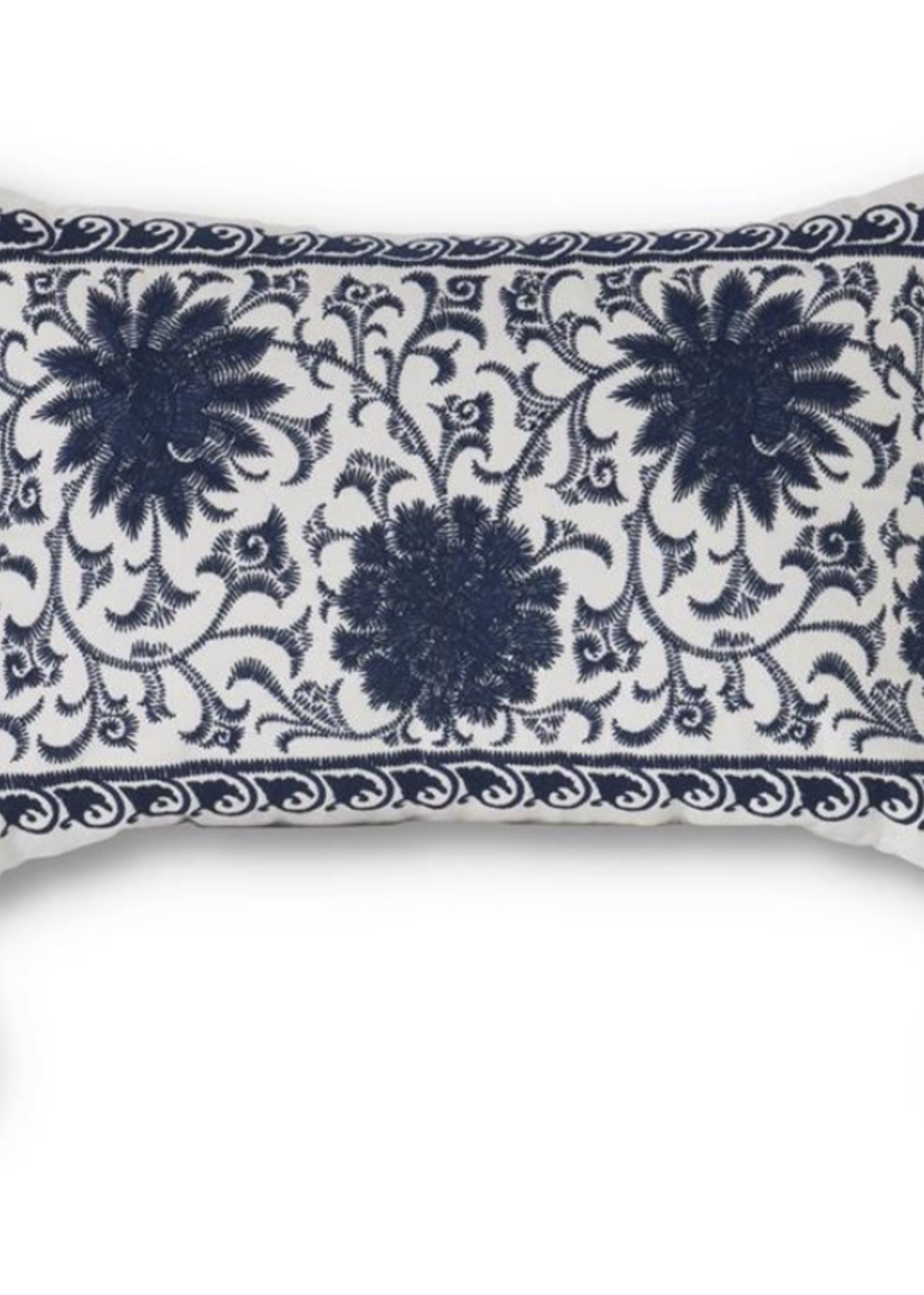K & K Interiors 11 x 17 White & Blue Rectangular Embroidered Mandala Pillow