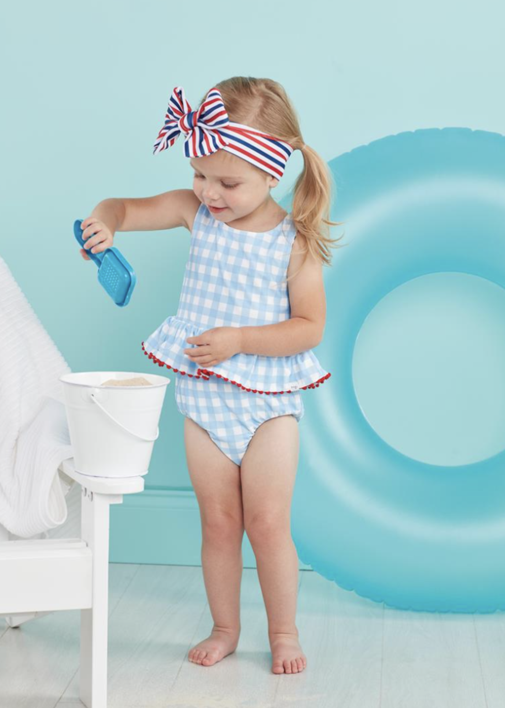 Mud Pie Red White Blue Reversible Swimsuit and HB 12-18 Month