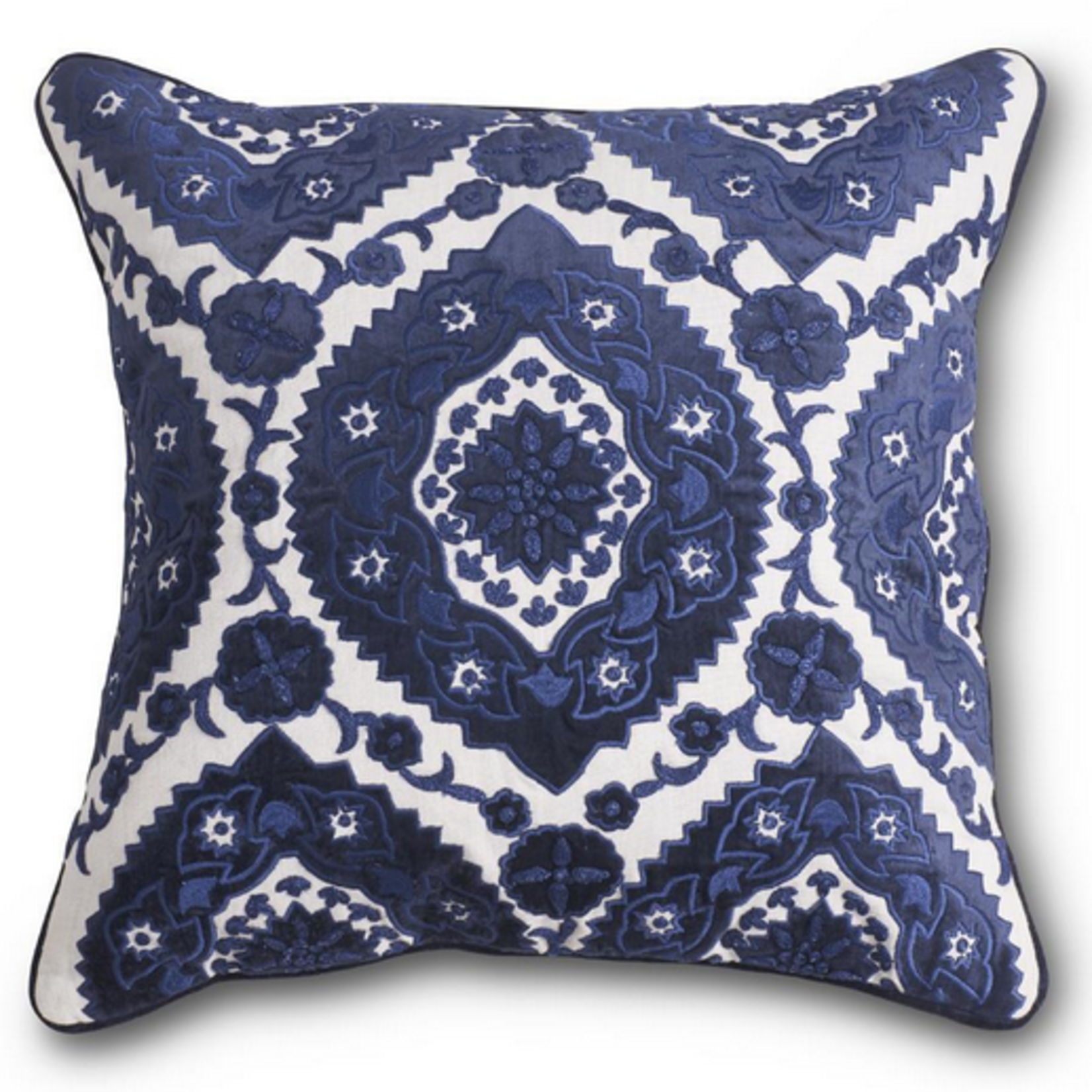 K&K 20" Royal Blue Velvet and Linen Embroidered Pillow