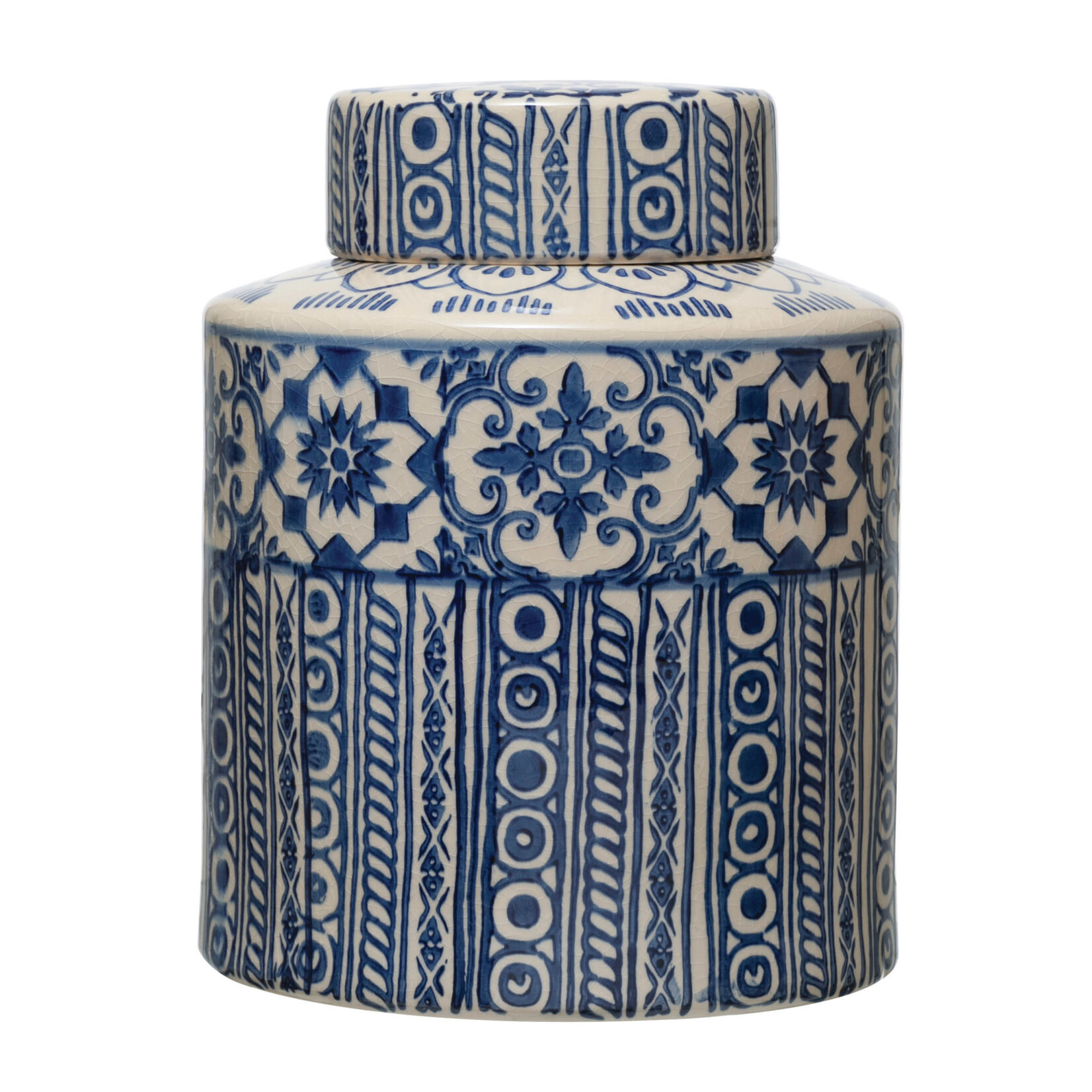 Creative Co-Op Stoneware Ginger Jar with Pattern - Blue