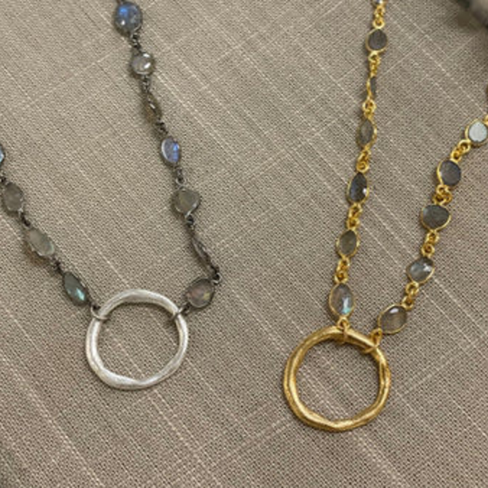 LJ Sonder Crosby- Labradorite Necklace with Hammered Circle Connector - Gold