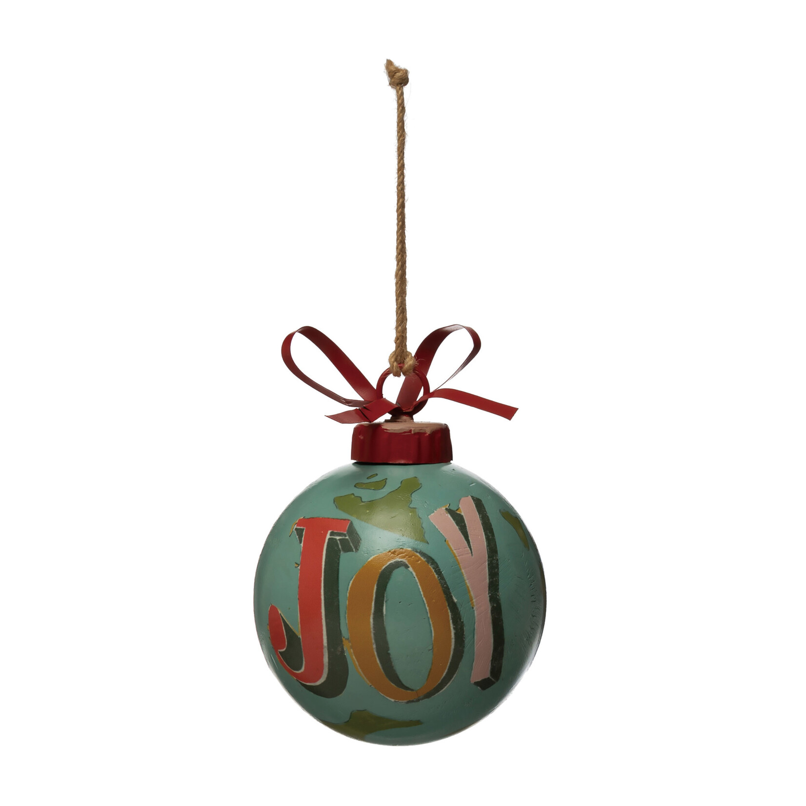 Creative Co-Op Hand Painted PIne Wood Globe Ornament w/Metal Bow